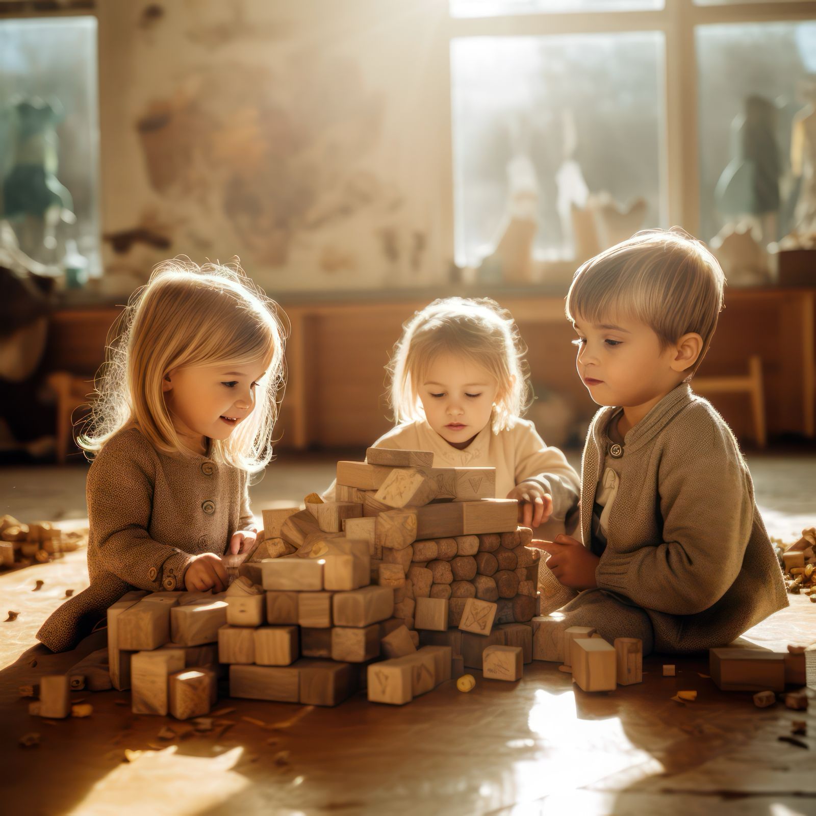 A young girl engaged in Montessori-inspired play, stacking colorful wooden rings on a sand tray. A beautifully organized learning space with wooden toys and educational materials in the background.